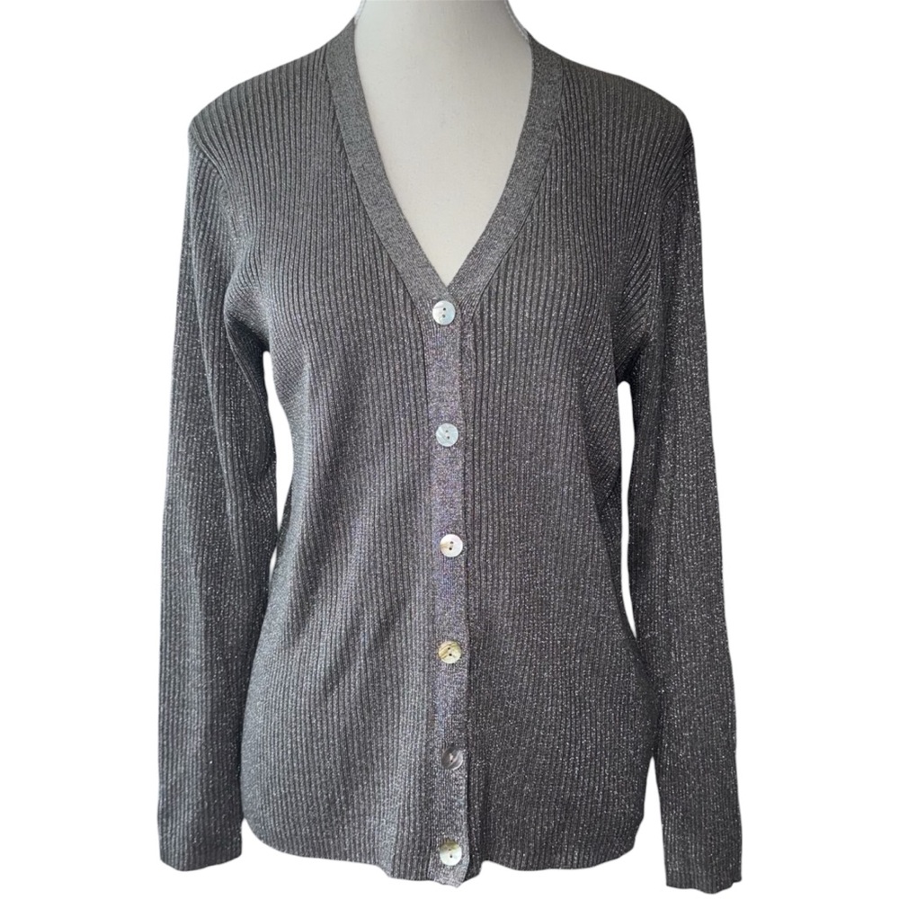 |VTG| EURO-X Metallic Gray V-Neck Button Cardigan Sweater